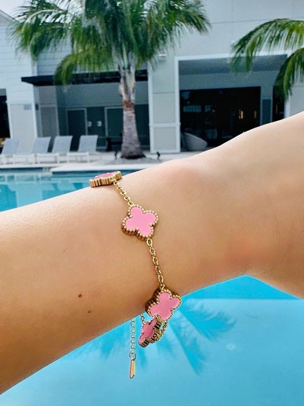 Gold-Plated Pink Clover Link Bracelet